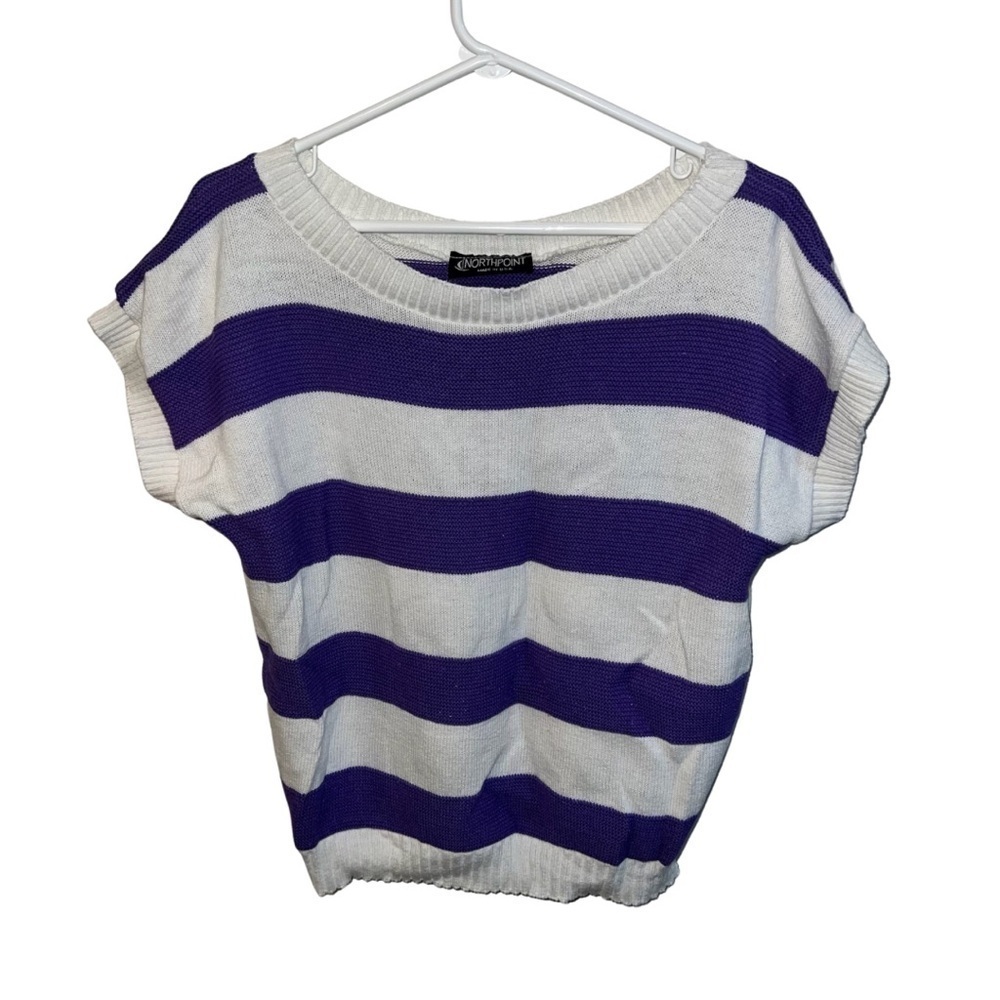 Northpoint Purple and White Boxy Short Sleeve knit top L
